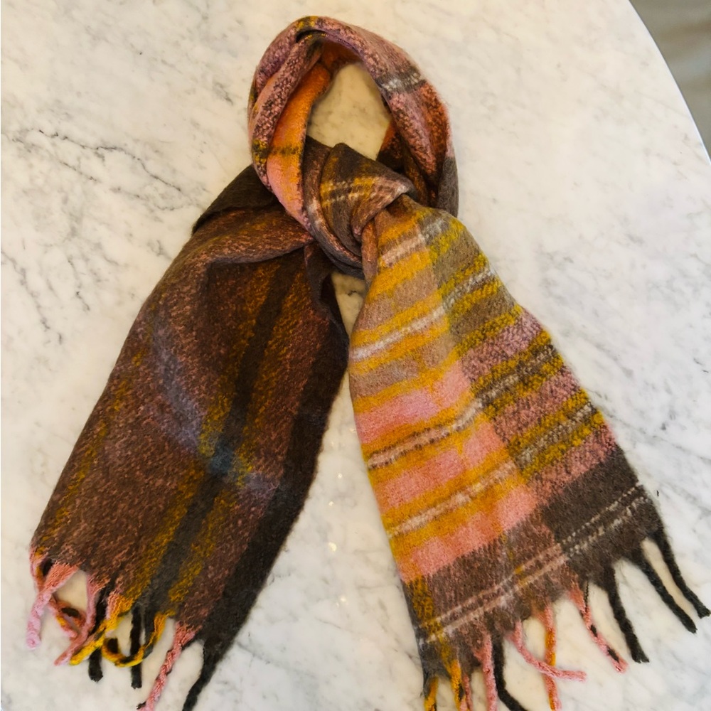 NWT Timberland wool blend plaid scarf green pink with hits of orange